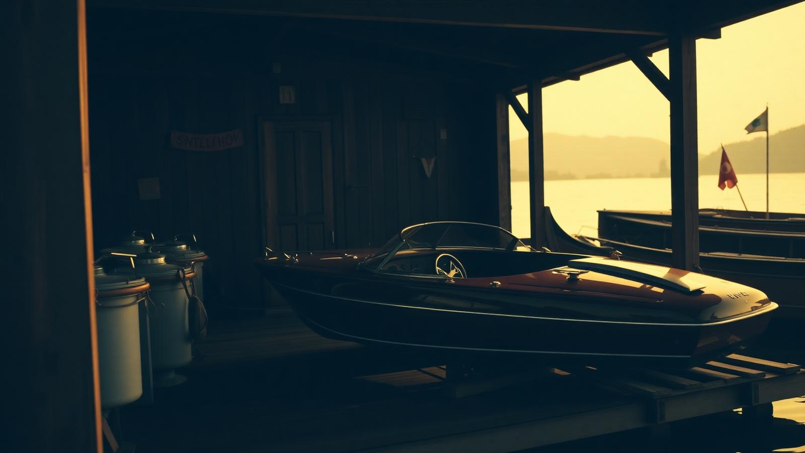Heritage Timeline — archival photograph of a classic wooden runabout at a lakeside boatyard